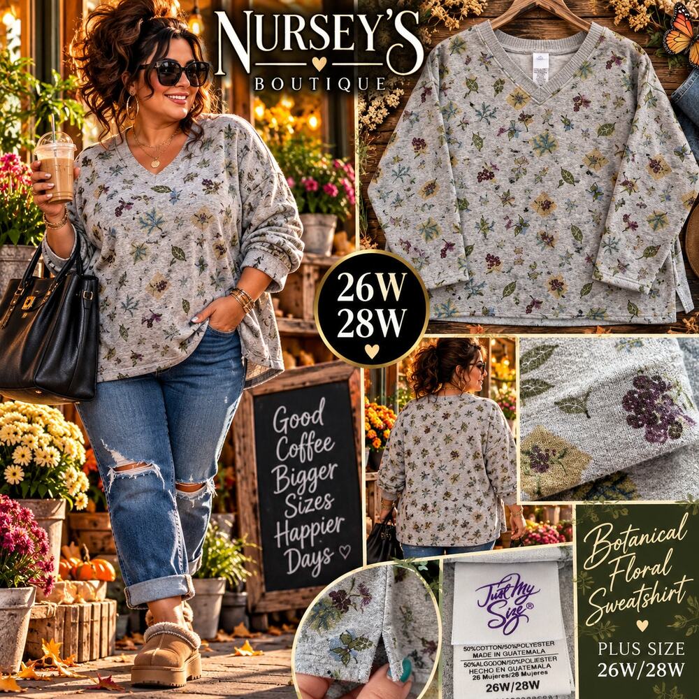 Just My Size 26W 28W Botanical Floral Sweatshirt Cottagecore Gray Oversized